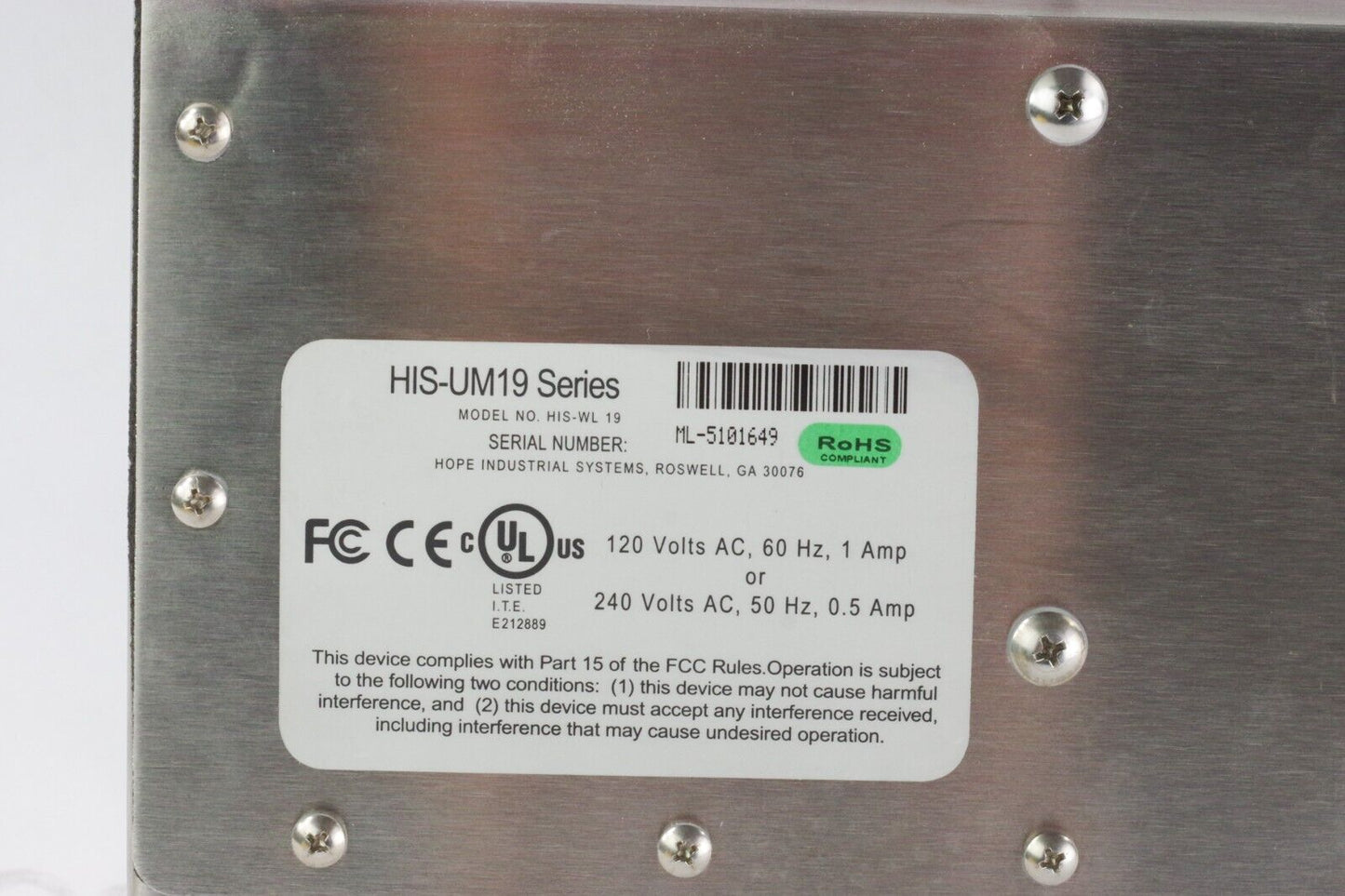 Hope Industrial Systems HIS-UM19 Touchscreen Monitor HIS-WL 19 Stainless