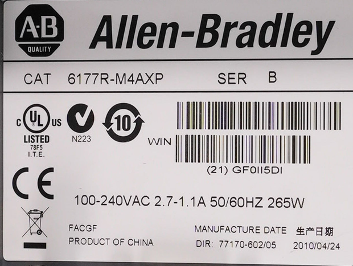 Allen Bradley 6177R-M4AXP /B VersaView 750R Non-Display Industrial Computer PC