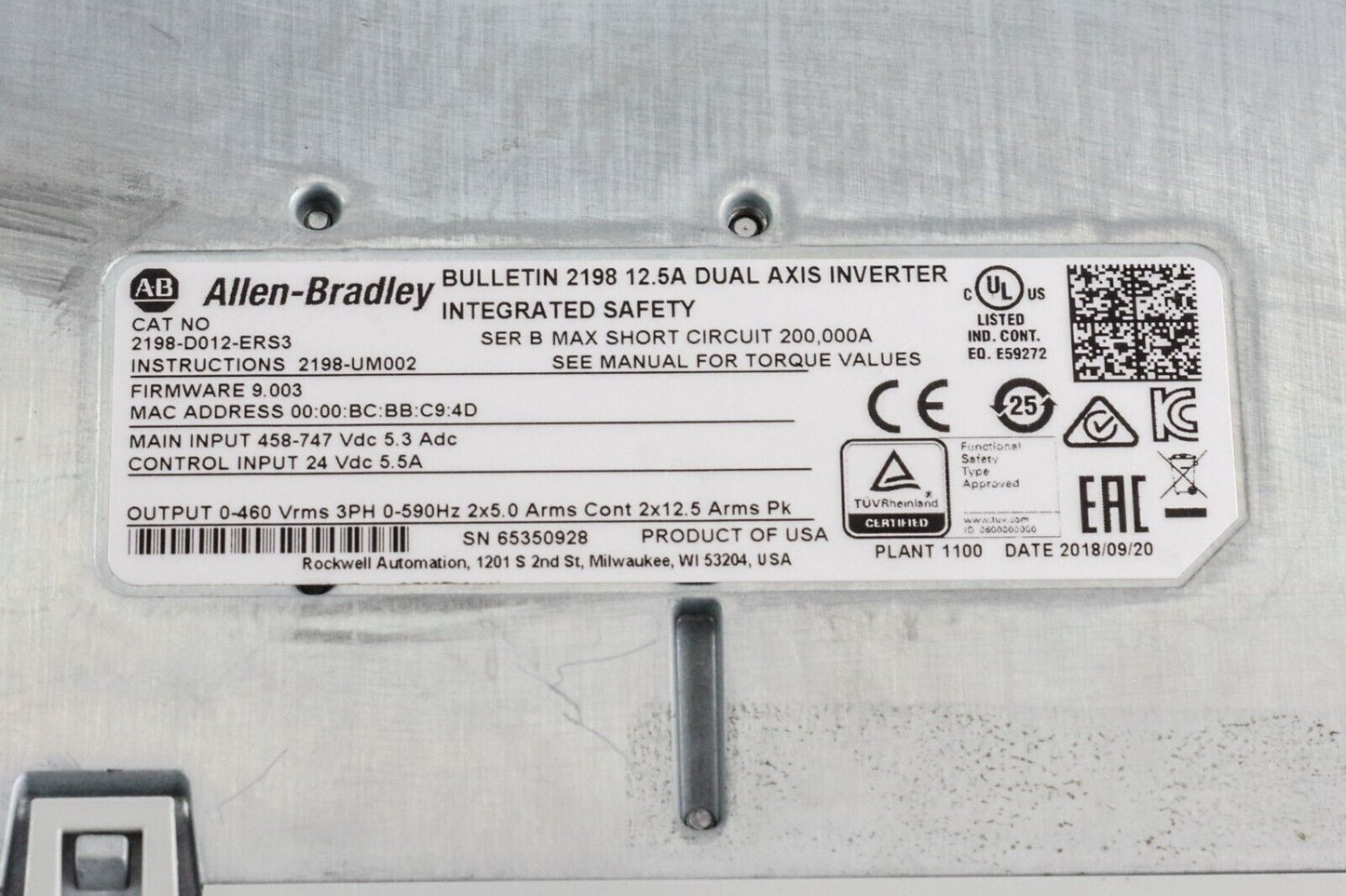 Allen Bradley 2198-D012-ERS3 Ser B Kinetix 5700 Dual Axis Inverter Module