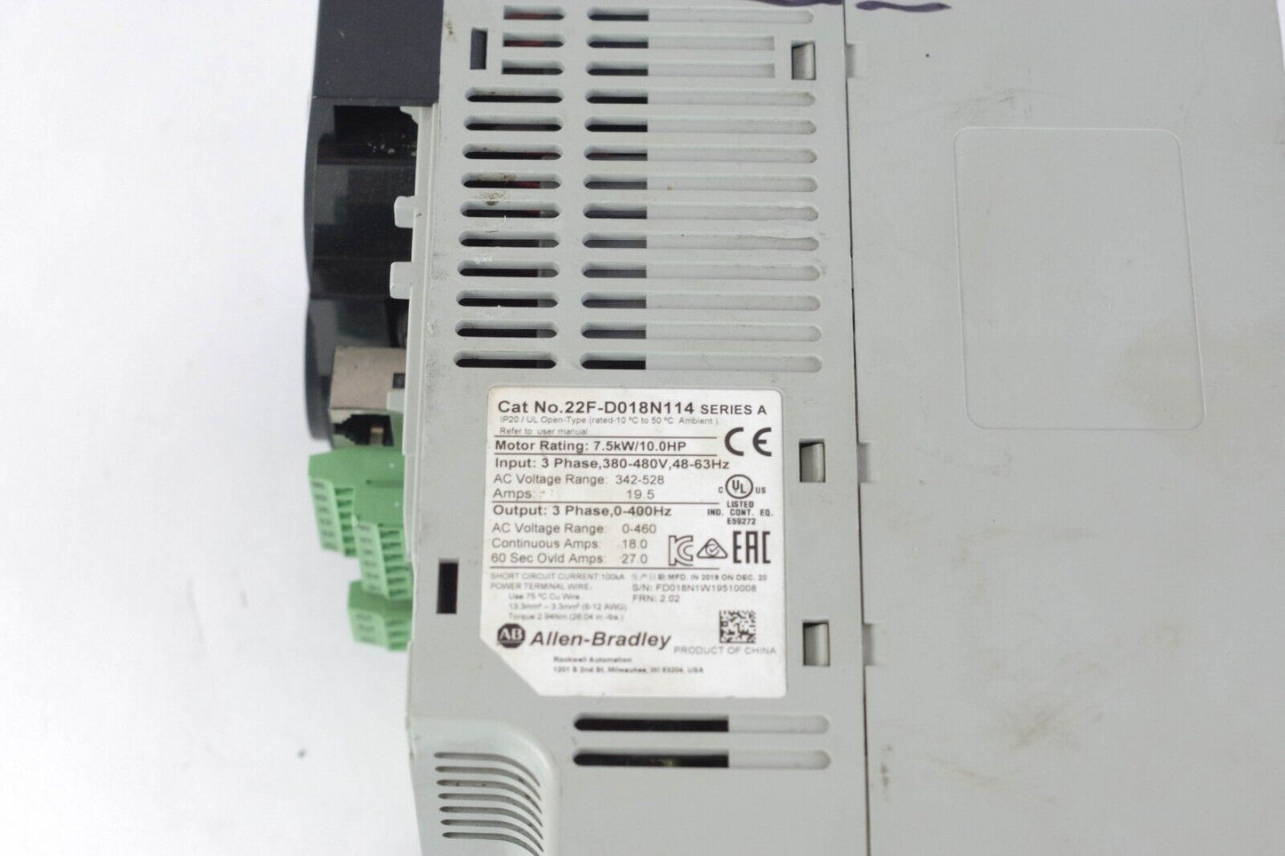 2019 ALLEN BRADLEY 22F-D018N114 /A VFD Drive 10HP 480V 3PH - USED