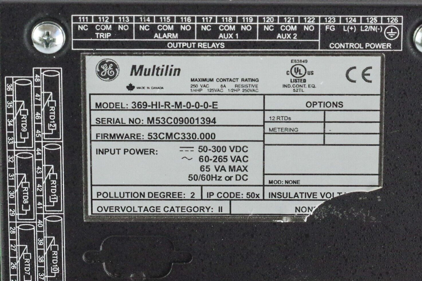 General Electric GE 369-HI-R-M-0-0-0-E Motor Management Relay Multilin 369