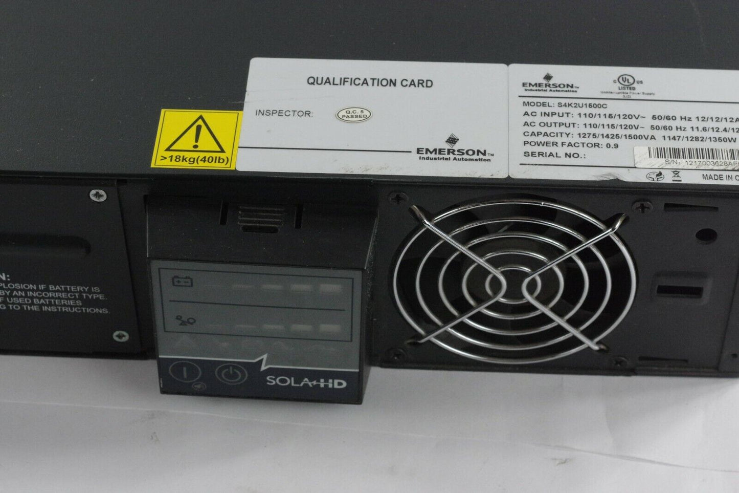 Emerson SolaHD S4K2U1500C UPS ON LINE 1500VA 120V 3G - No Batteries