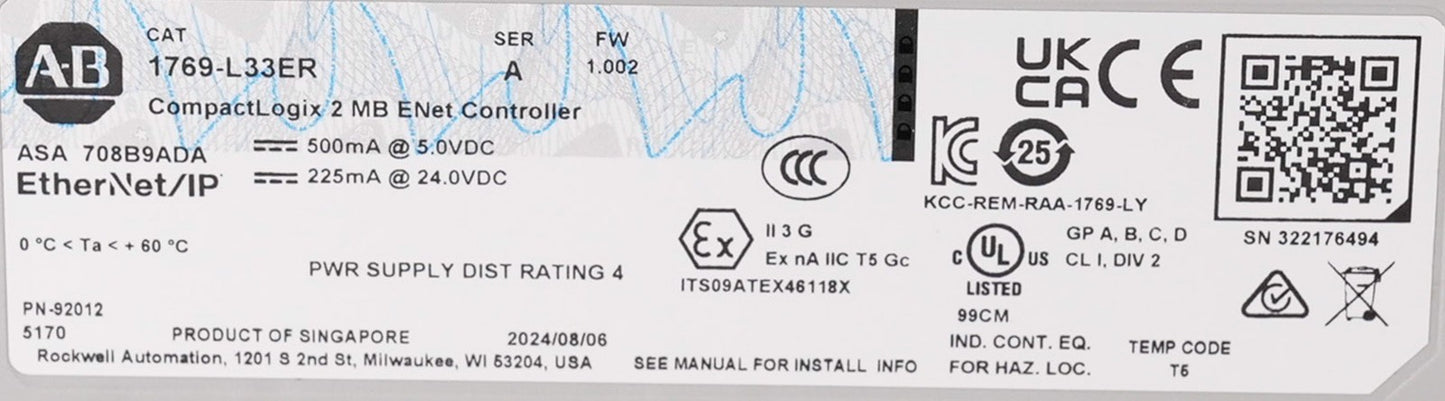 Allen Bradley 1769-L33ER /A CompactLogix 5370 Controller 2MB ENet - Open Box