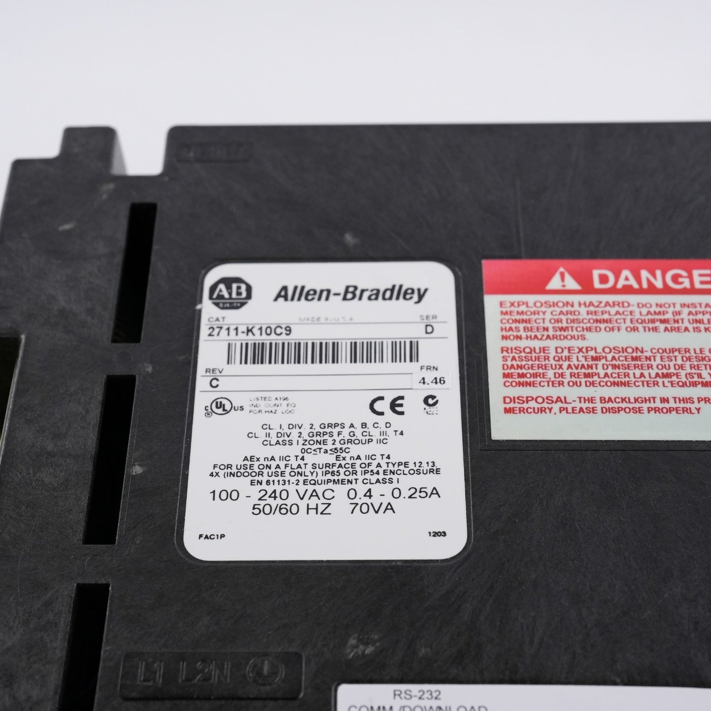 Allen Bradley 2711-K10C9 /D Rev C FRN 4.46 Panelview 1000 Color RS232