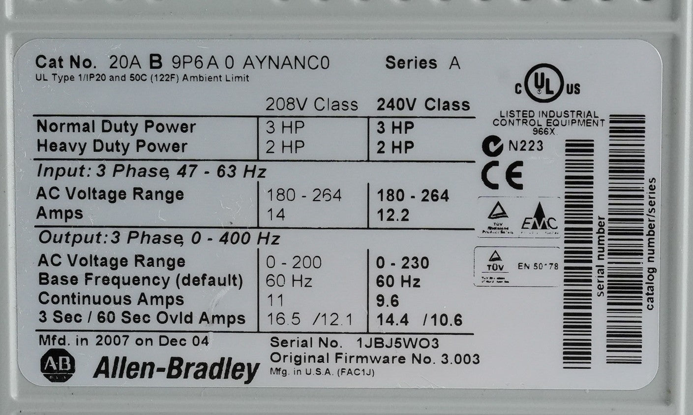 Allen Bradley PowerFlex 70 20AB9P6A0AYNANC0 /A 240V AC Drive