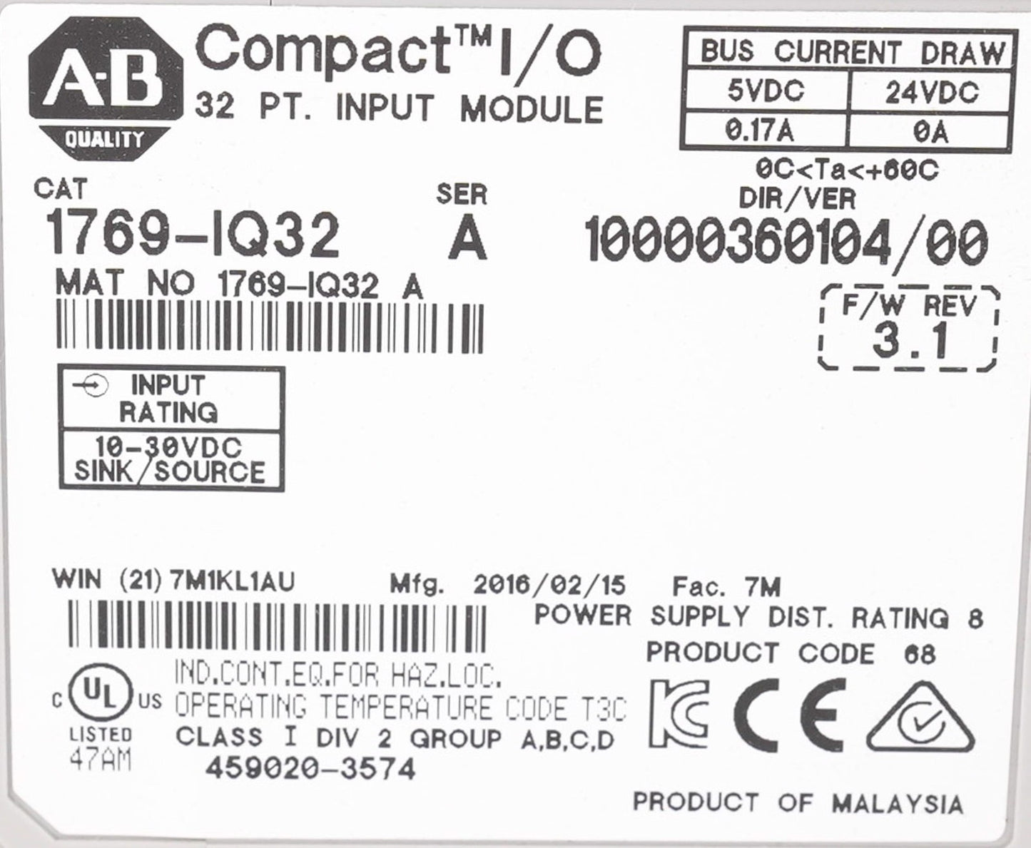 Allen Bradley 1769-IQ32 /A CompactLogix 32-Point Input Module 1769IQ32