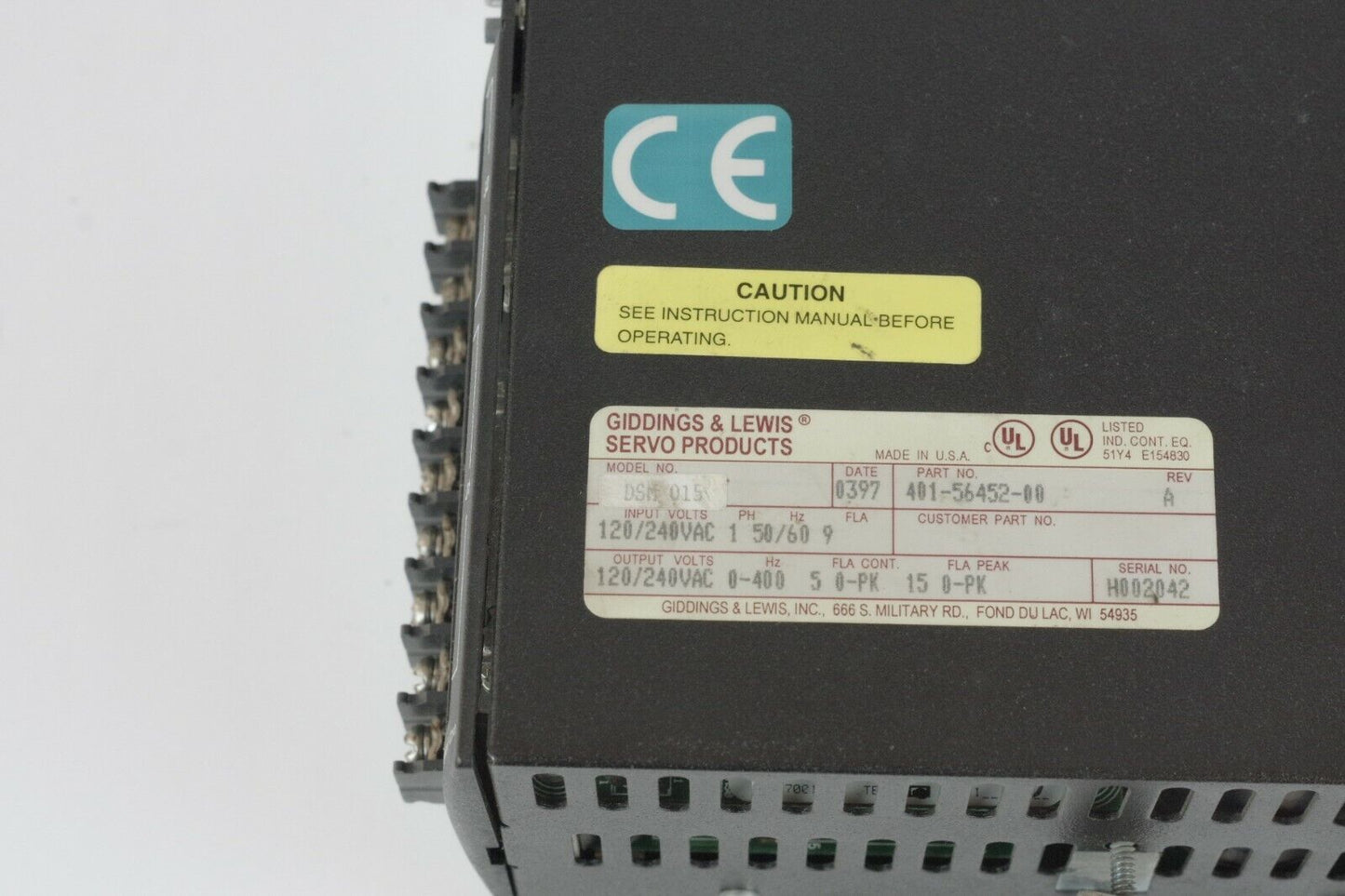 Centurion DSM Servo Drive DSM 015 401-56452-00 Giddings & Lewis Rev A