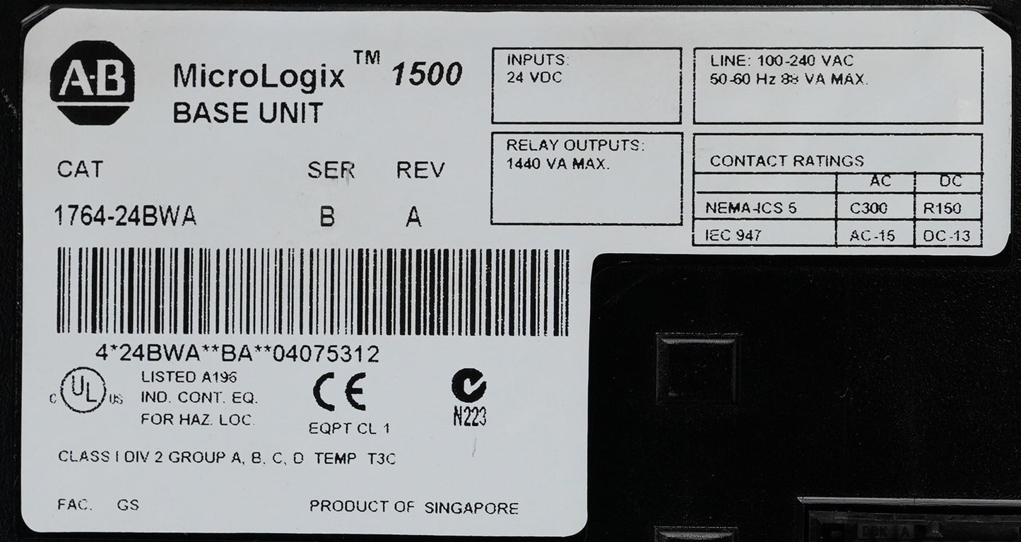 Allen Bradley 1764-24BWA /B Rev A MicroLogix 1500 Base Unit 176424BWA