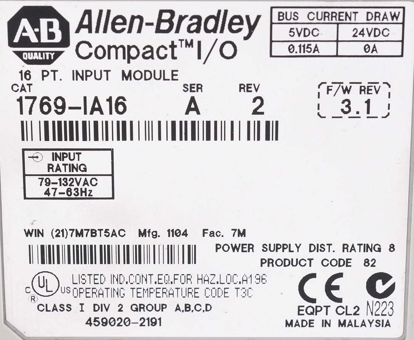 Allen Bradley 1769-IA16 /A Rev 2 CompactLogix 16-Pt Input Module 1769IA16