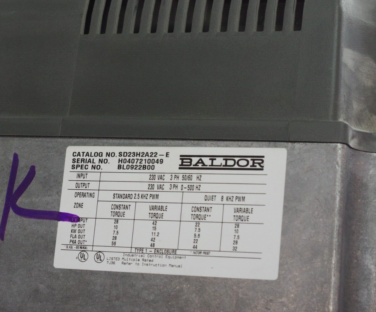Baldor SD23H2A22-E AC Servo Drive 230VAC 3PH 50/60HZ - For Parts
