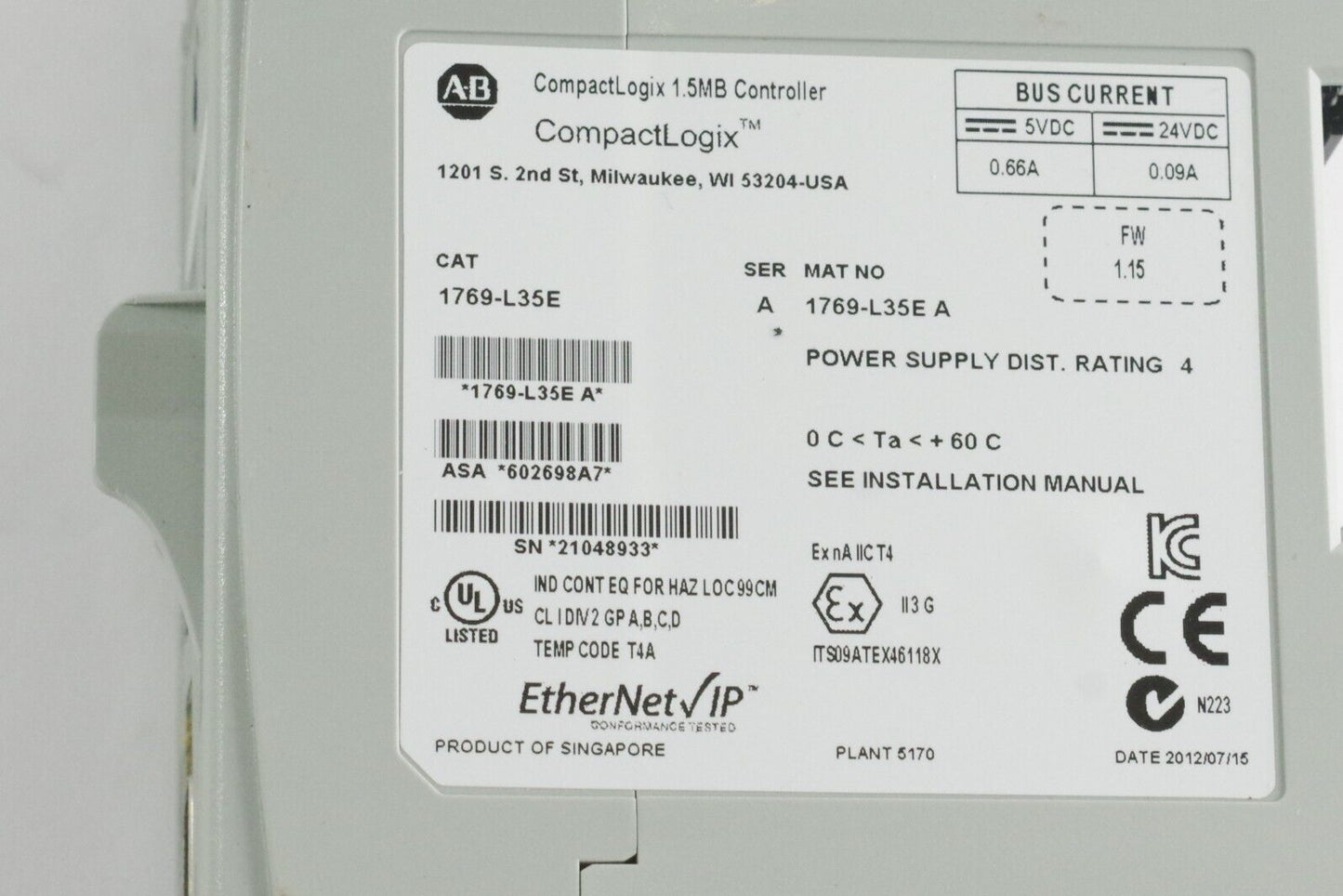 Allen Bradley 1769-L35E Ser A CompactLogix Controller Processor F/W 1.15