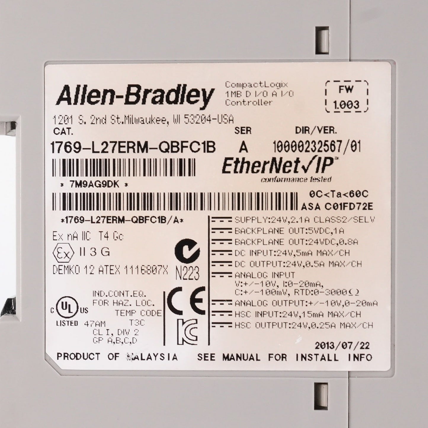 Allen Bradley CompactLogix 1769-L27ERM-QBFC1B Controller 24VDC 1769L27ERMQBFC1B