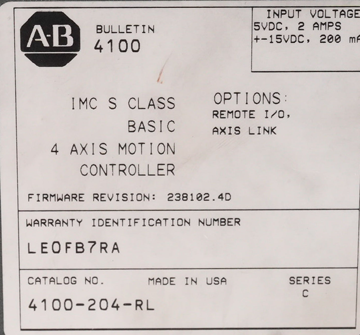 Allen Bradley 4100-204-RL /C IMC S Class 4-Axis Motion Controller 4100204RL