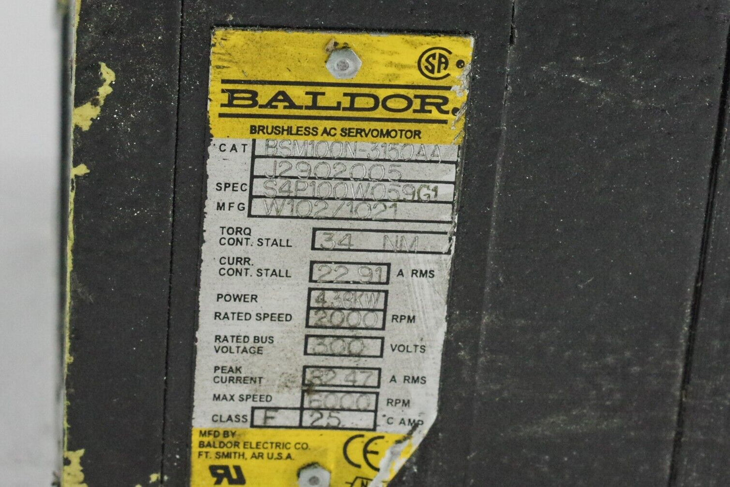 Baldor BSM100N-3150AA Servo Motor 2000RPM 300V 25A / BSM100N3150AA