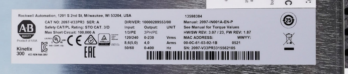 Allen Bradley 2097-V33PR3 /A Kinetix 300 Servo Drive 3-Phase - Open Box