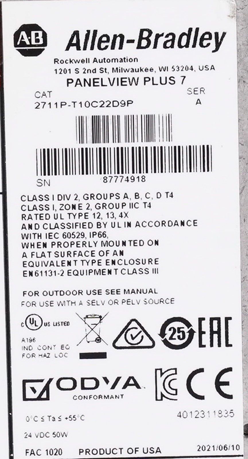 Allen Bradley 2711P-T10C22D9P /A PanelView Plus 7 10.4" Display 2711PT10C22D9P