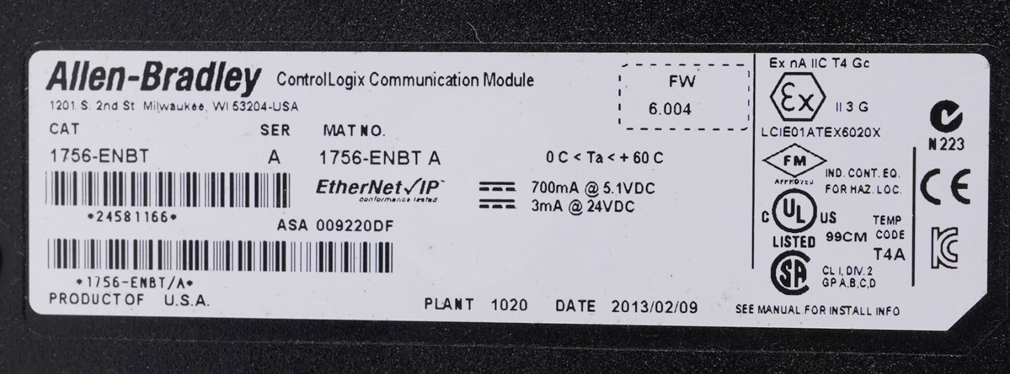 Allen Bradley 1756-ENBT /A Ethernet/IP 10/100 Mb/s Communication Bridge 1756ENBT