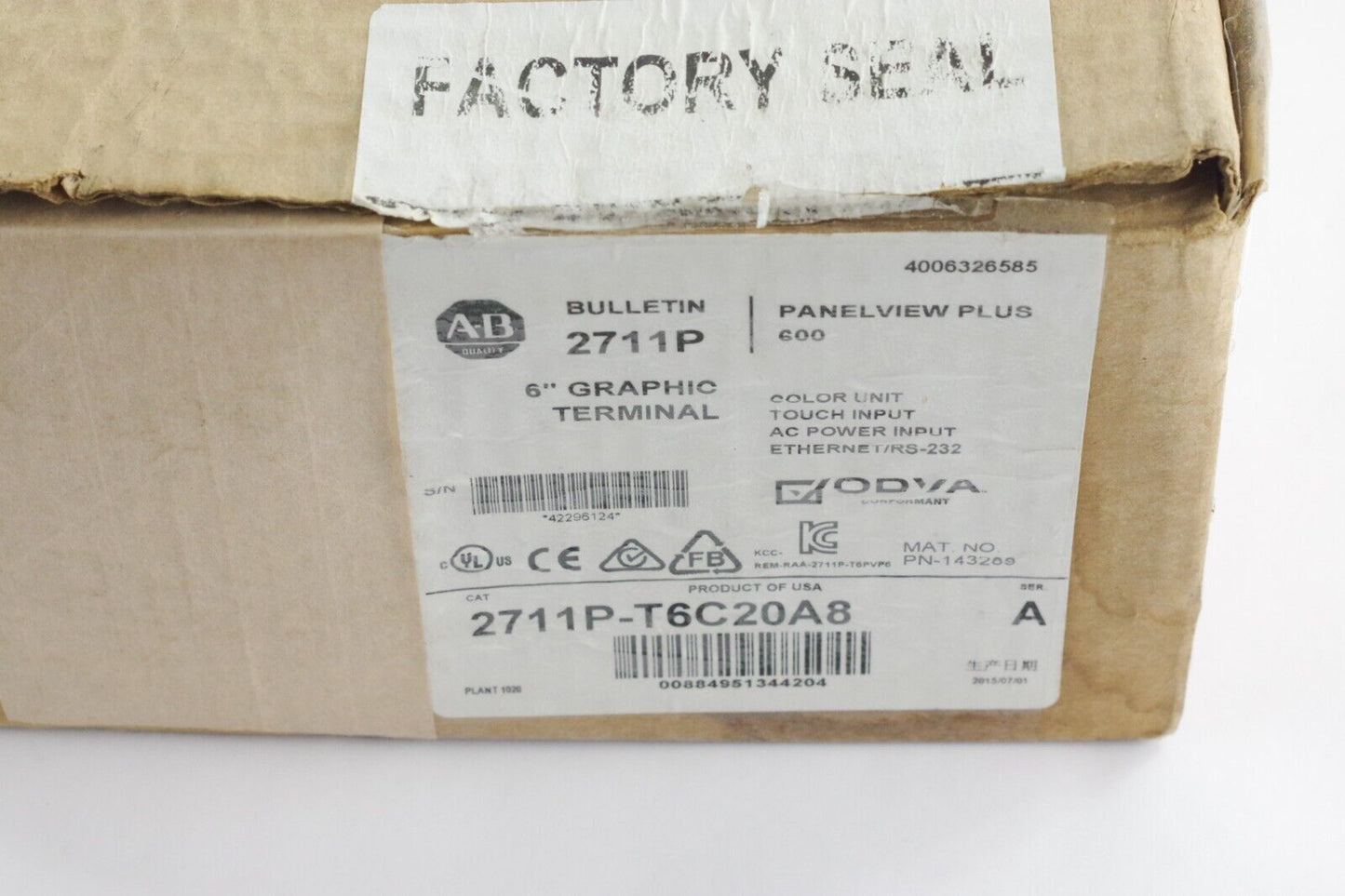 Allen Bradley 2711P-T6C20A8 Ser A Panelview Plus 600 Terminal - Open Box