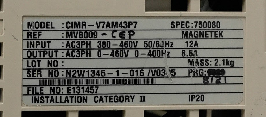 Yaskawa CIMR-V7AM43P7 Magnetek AC Drive 380-460V 0-400Hz 12A/8.6A