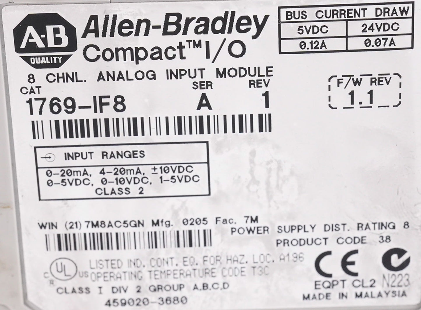 Allen Bradley 1769-IF8 /A CompactLogix 8-Ch Analog Input Module 1769IF8