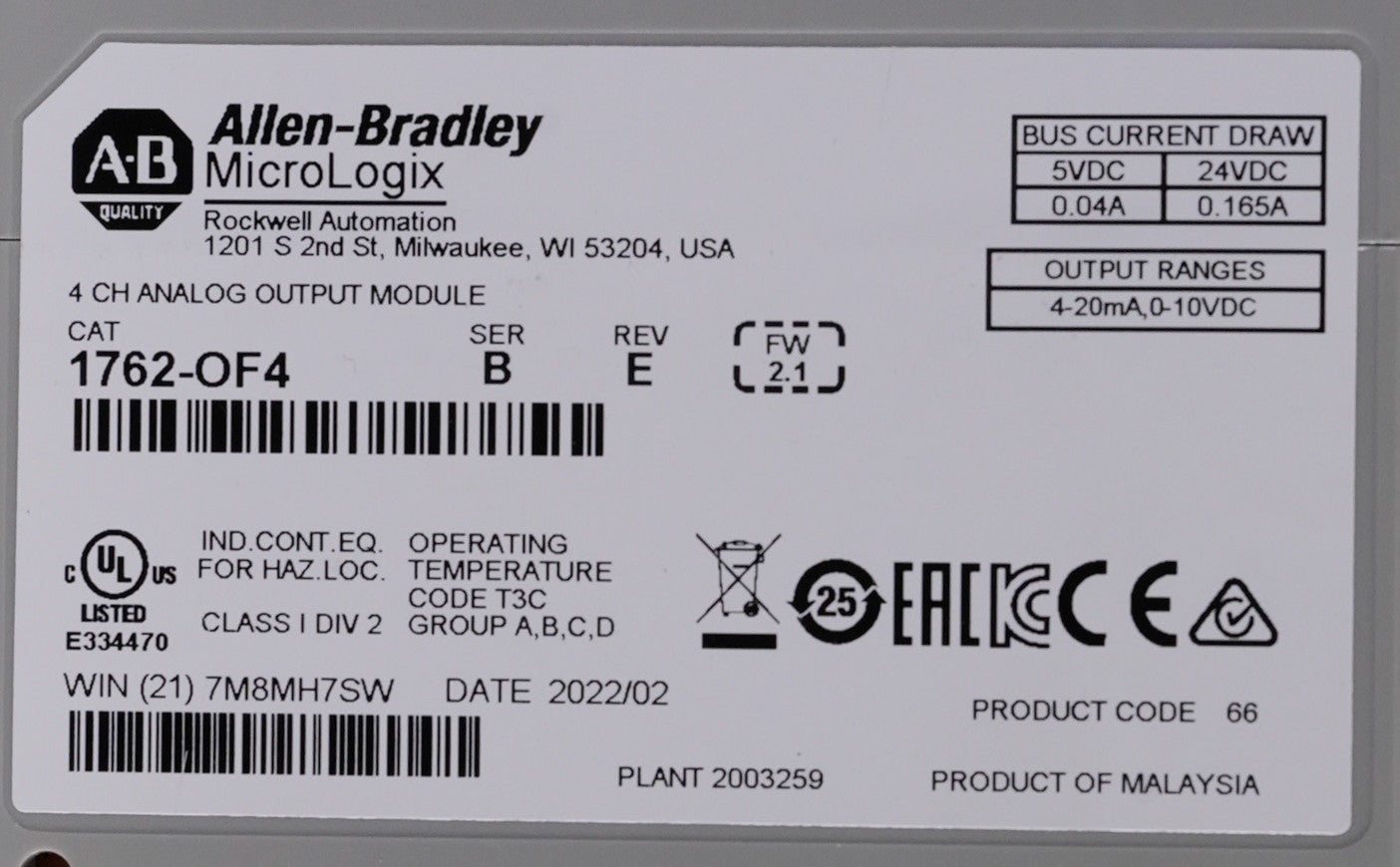 Allen-Bradley 1762-OF4 Ser B Rev E MicroLogix 4-Channel Analog Output Module
