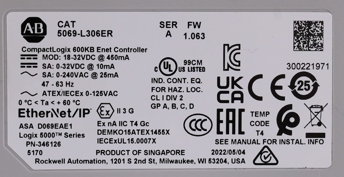 Allen Bradley 5069-L306ER /A CompactLogix 5380 Controller 5069L306ER Refurbished