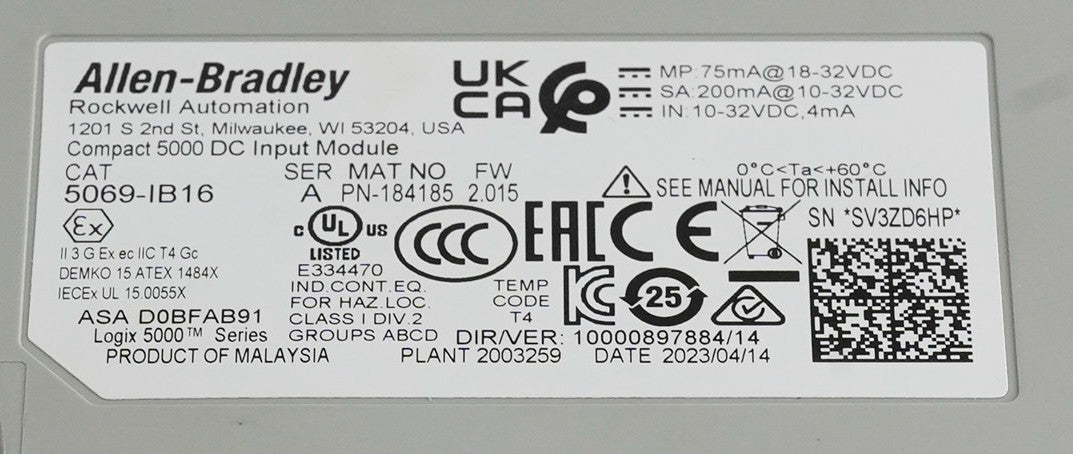 Allen Bradley 5069-IB16 /A FW 2.015 Compact 5000 24VDC 16-Point Input Module