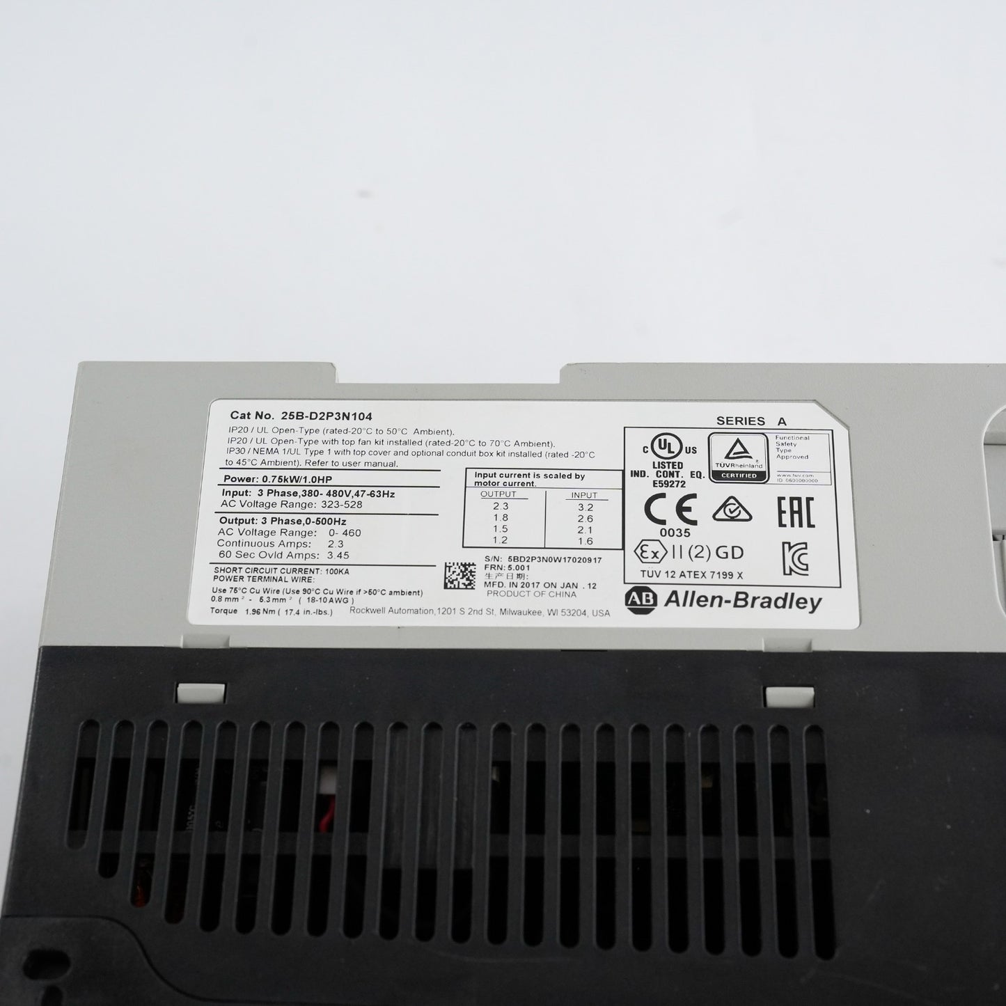 Allen Bradley 25B-D2P3N104 /A PowerFlex 525 3-Phase AC Drive 480V 0.75kW 1HP