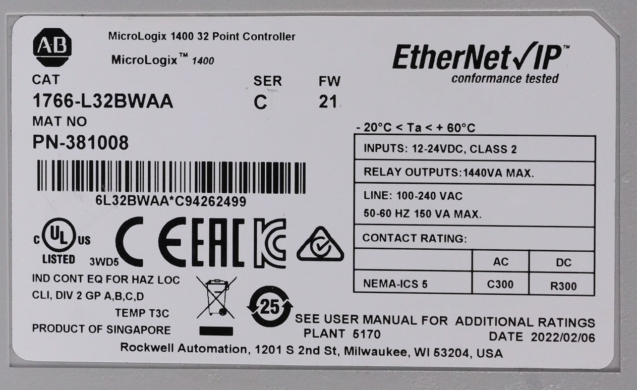Allen Bradley 1766-L32BWAA /C FW 21 MicroLogix 1400 32-Point Controller