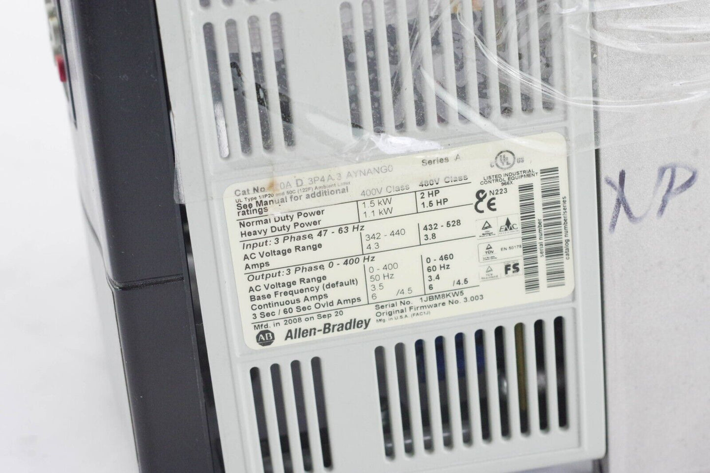 ALLEN BRADLEY POWERFLEX 70 20AD3P4A3AYNANG0 2HP - For Parts Or Repair