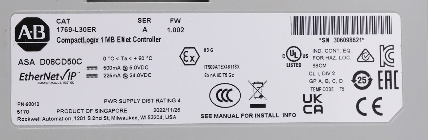 Allen Bradley 1769-L30ER /A CompactLogix 5370 L3 1MB Memory Ethernet Controller
