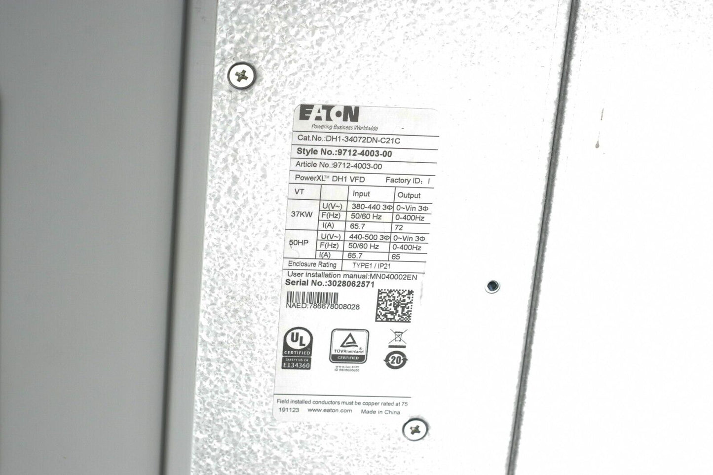 Eaton DH1-34072DN-C21C PowerXL DH1 Variable Frequency Drive 50 HP 72A 480V N1/IP
