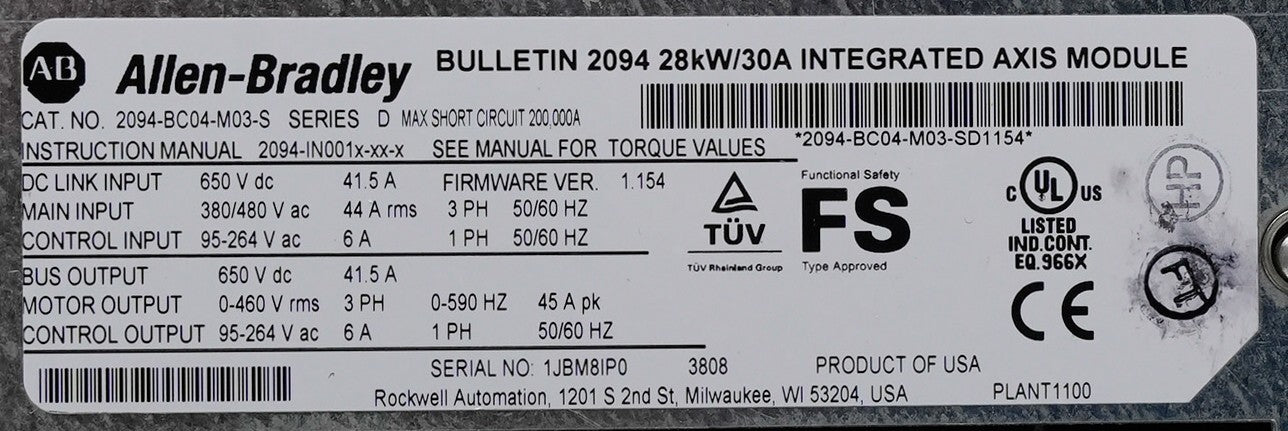 Allen Bradley 2094-BC04-M03-S /D Kinetix 6000 Integrated Axis Module Series D