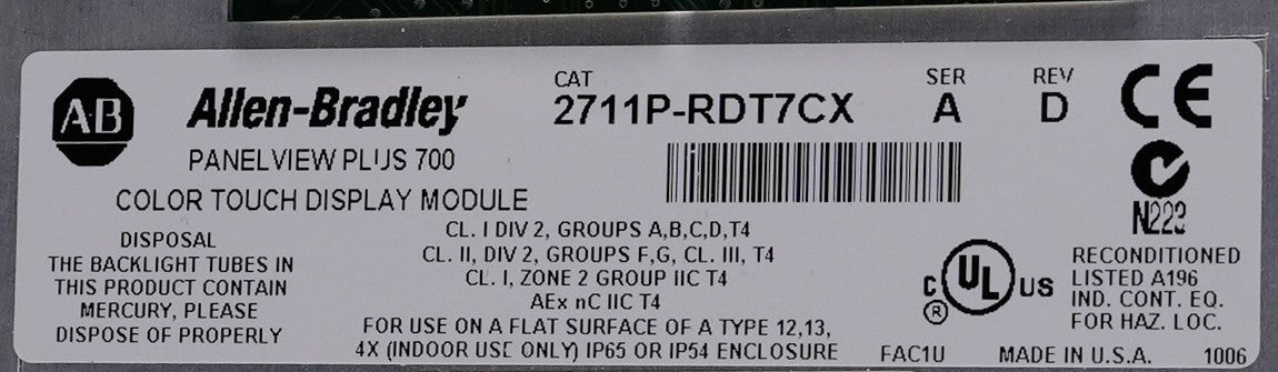 Allen Bradley 2711P-RDT7C / 2711P-RDT7CX /A PanelView Plus 700 Touch Display