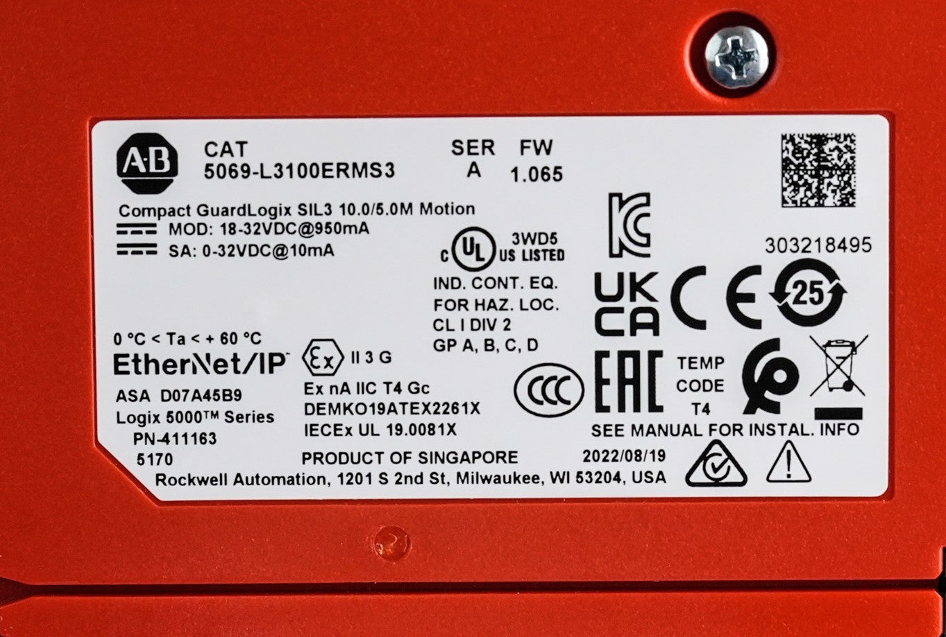 Allen Bradley 5069-L3100ERMS3 /A FW 1.065 GuardLogix Safety Controller (Red)