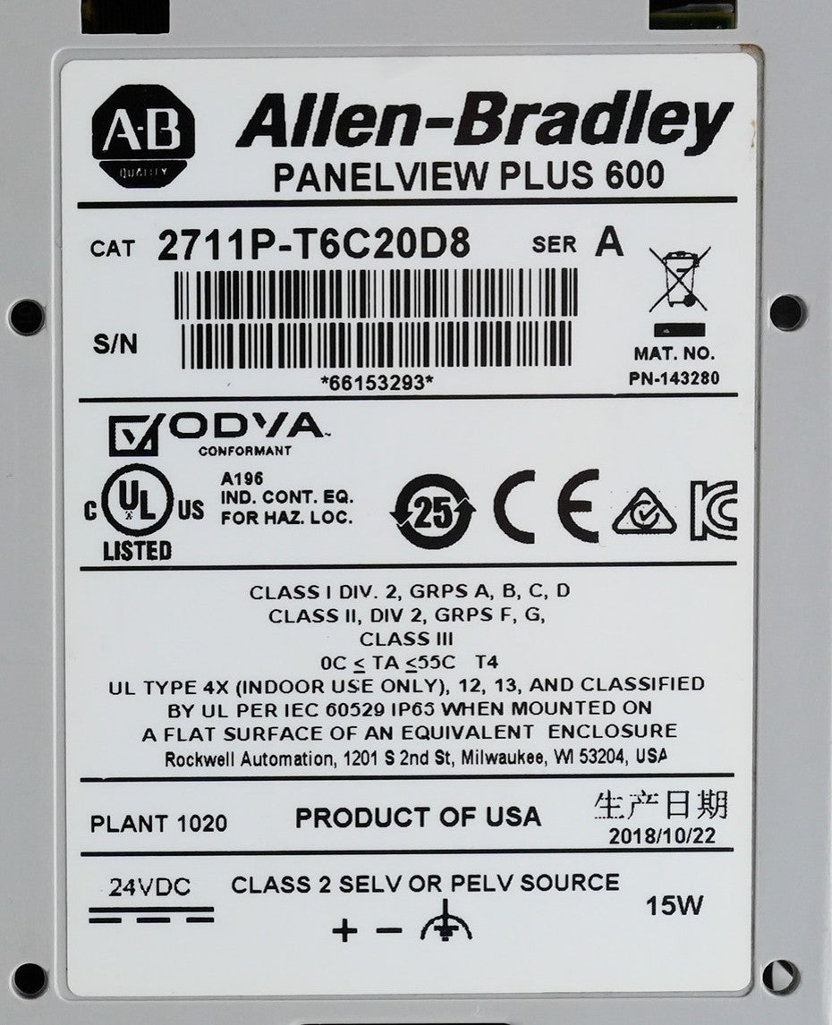 Allen Bradley 2711P-T6C20D8 /A Panelview Plus 600 Operator Interface Terminal