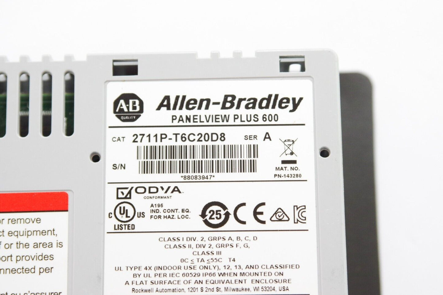 2021 Allen-Bradley 2711P-T6C20D8 Ser A PanelView Plus 600 - Excellent Condition