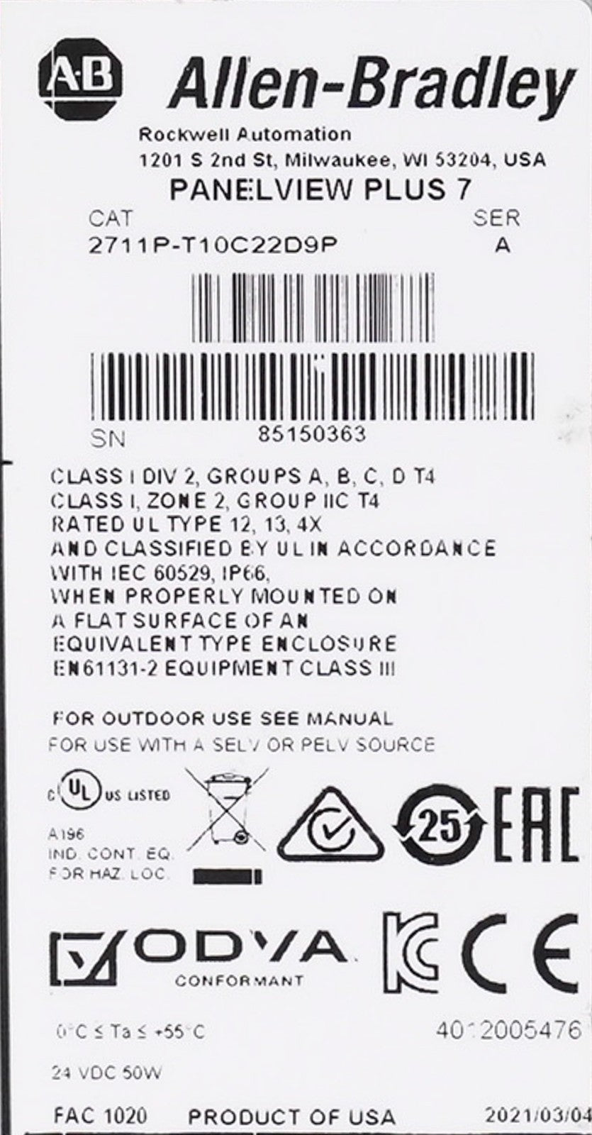 Allen Bradley 2711P-T10C22D9P /A PanelView Plus 7 HMI 2711PT10C22D9P Ser A