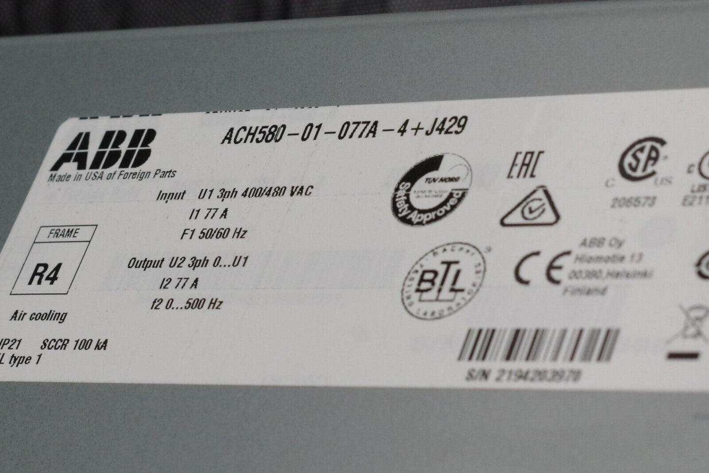 ABB ACH580-01-077A-4 HVAC Drive ACH580 Series 60HP, 480V, 77.0A - No Fan