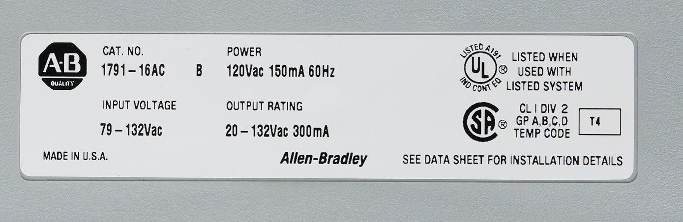 Allen Bradley 1791-16AC /B Block I/O Remote Module 120VAC 150mA 60Hz 179116AC