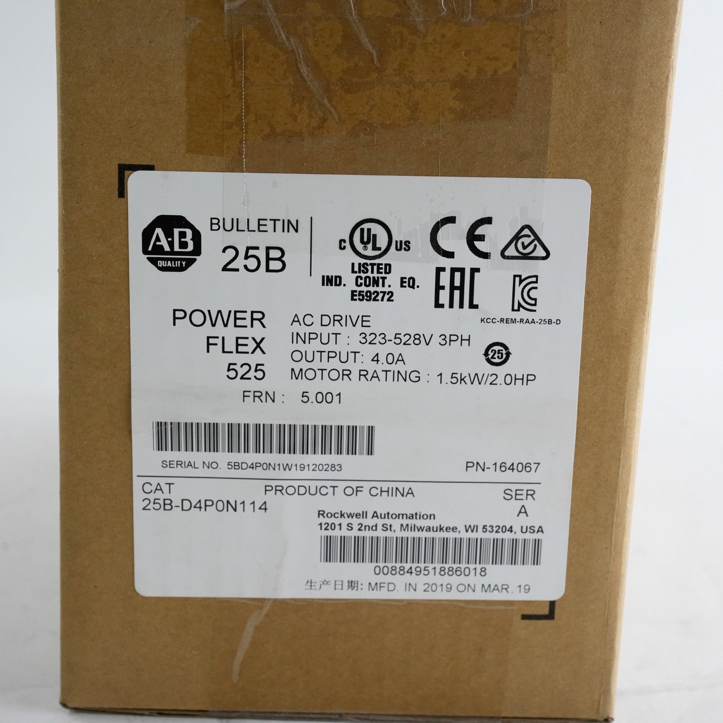 Allen Bradley 25B-D4P0N114 /A PowerFlex 525 1.5kW 2HP 480V 3-Phase - Open Box