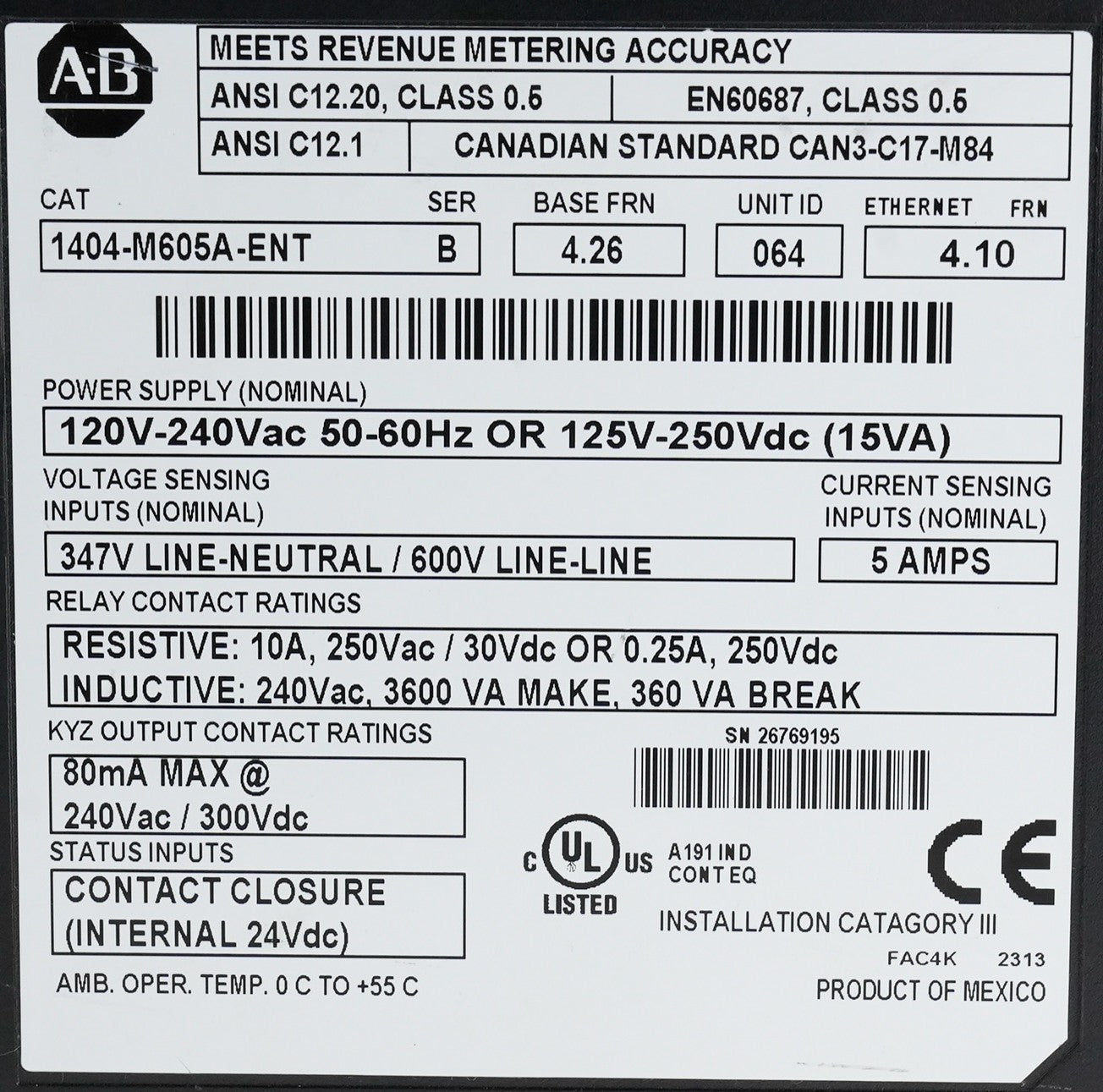 Allen Bradley 1404-M605A-ENT /B Powermonitor 3000 Monitor/Control 1404M605AENT
