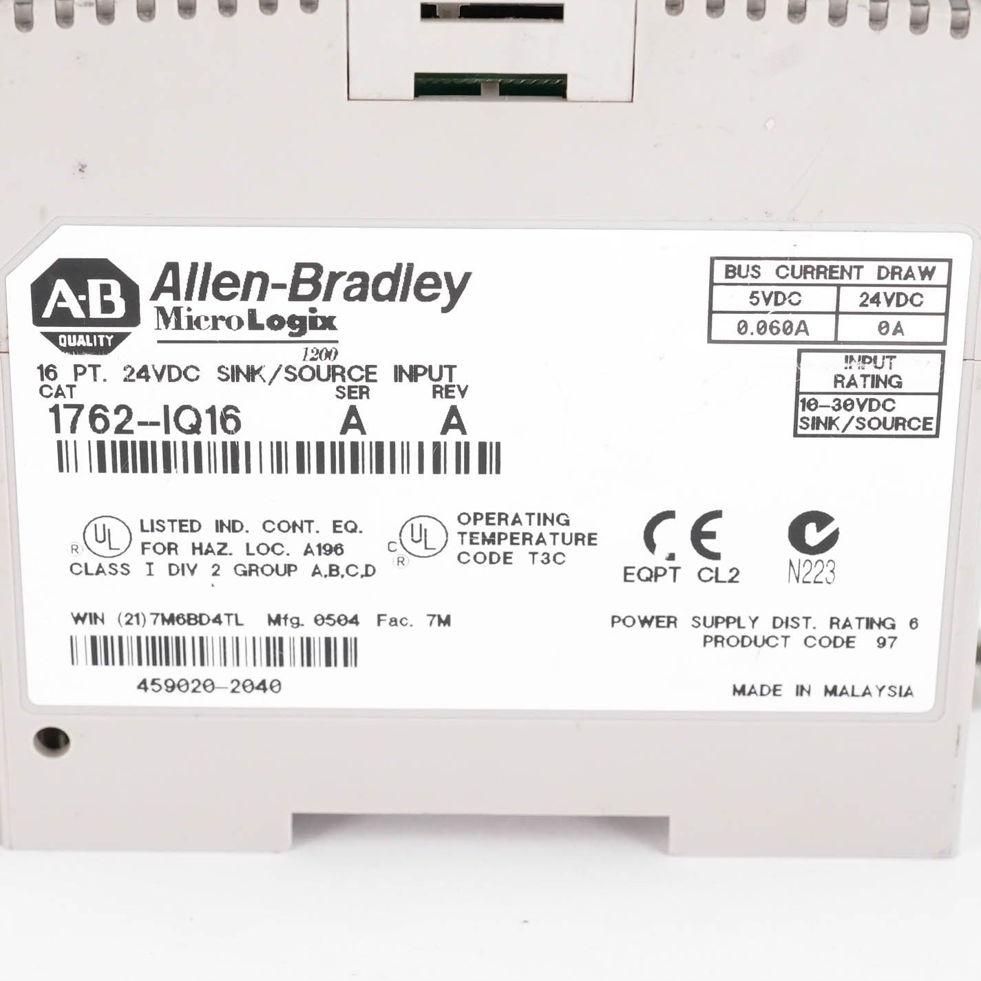 Allen Bradley 1762-IQ16 Ser A MicroLogix 16 Point 24VDC Sink Source Input