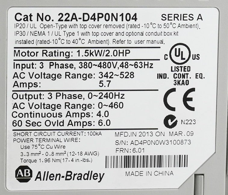 Allen Bradley 22A-D4P0N104 /A PowerFlex Variable Frequency Drive 3Ph 480V 2HP
