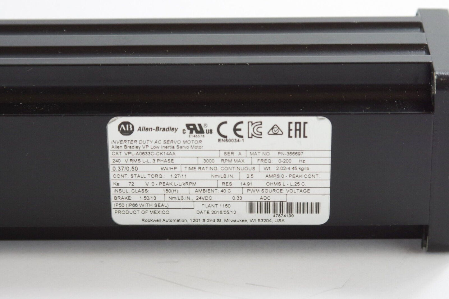 Allen Bradley VPL-A0633C-CK14AA Servo Motor, Low Inertia, 240VAC, 63mm - No Box