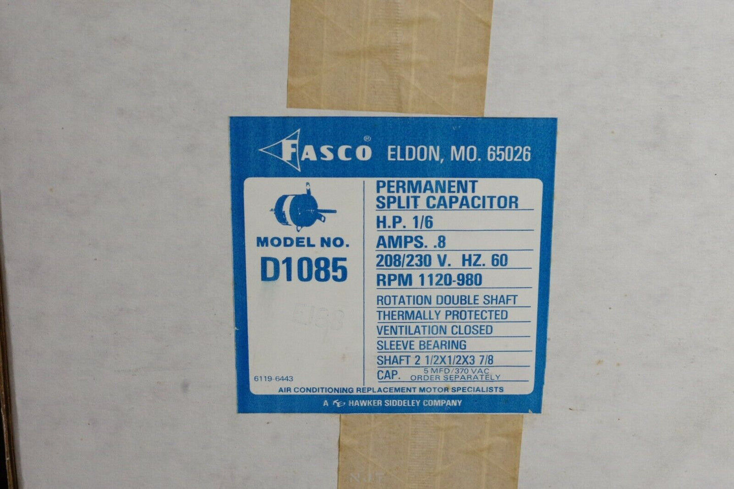 FASCO D1085 ELECTRIC MOTOR 208-230V 1/6 HP .8A 7176-2907 1120RPM 980RPM