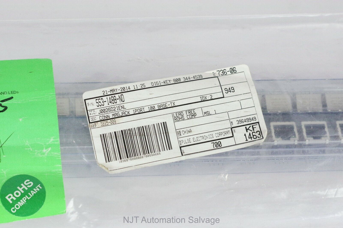 1x Pulse Electronics JK0-0025NL 1-Port RJ45 Magjack Connector PoE 553-1488-ND