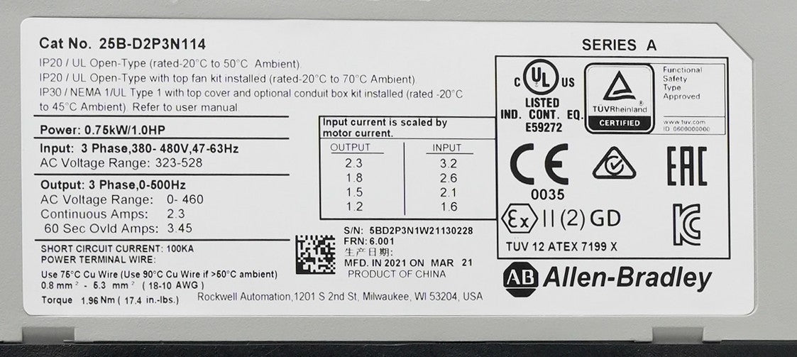 Allen Bradley 25B-D2P3N114 /A PowerFlex 525 3-Phase AC Drive 25BD2P3N114