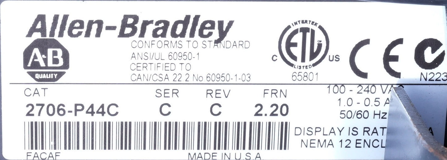 Allen Bradley 2706-P44C /C Rev C FRN 2.20 InView Message Display Screen 2706P44C