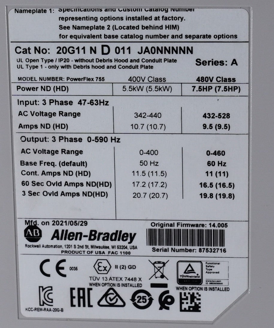 Allen Bradley 20G11ND011JA0NNNNN /A PowerFlex 755 11A Drive 7.5HP 480V +Warranty